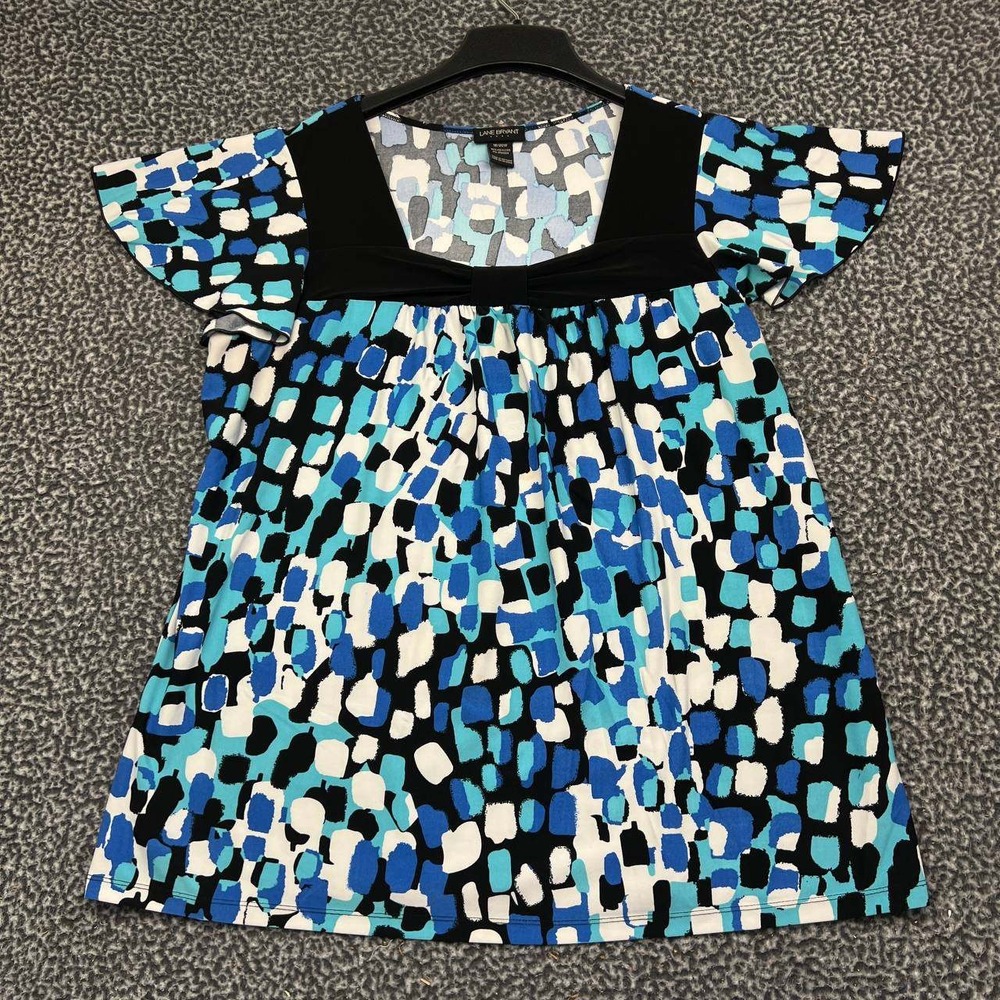 Lane Bryant Blouse Women 18/20W Blue Black Abstract Print Flutter Sleeve